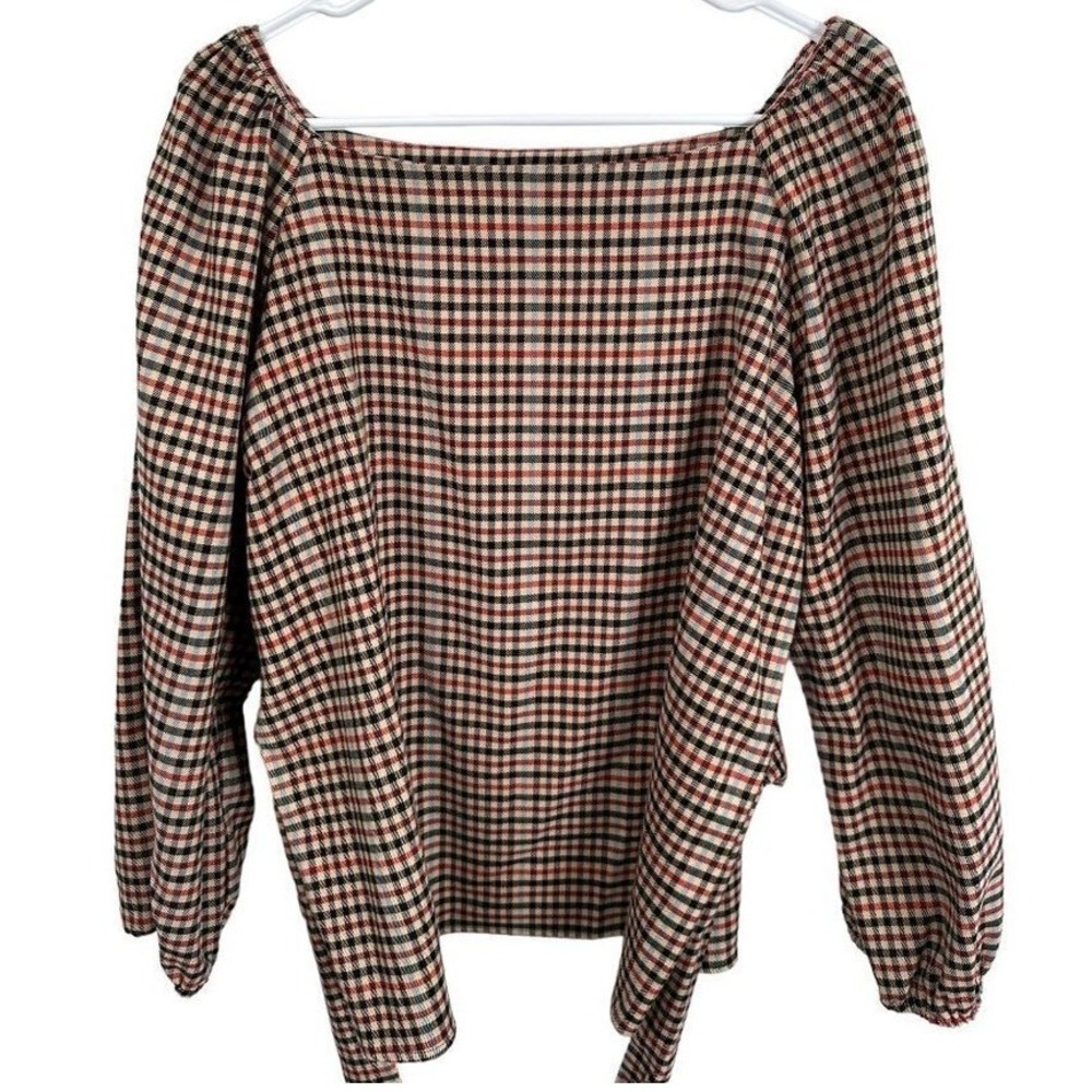 Ann Taylor Factory Plaid Square Neck Tie Waist Puff Sleeve Blouse Tan Red L